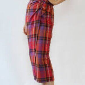 Vintage ESPRIT Red Plaid Cotton Wrap Midi Skirt Sz SMALL